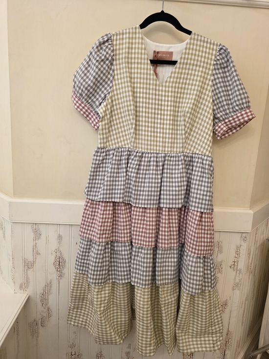 JessaKae Dresses & Skirts - JessaKae Pastel Gingham Tiered Dress in Yellow, Gray & Pink